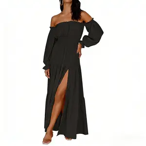 Women's Boho Sexy Off Shoulder Short Sleeve Smocked Side Split Flowy A Line Tiered Long Maxi Dress Gift for Girlfriend