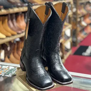 Black Tooled Cowgirl Boots Square Toe