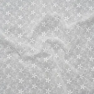 Embroidered Eyelet Cotton Voile - White Daisies and Leaves - Naomi Collection