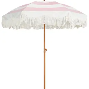 Boho Fringe Umbrella Outdoor Patio, 6.5ft UPF50+ Picnic Umbrella with Tassels with Steel Pole and Push Button Tilt,  Stripes