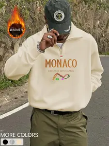 Unisex Vintage Racing Style Hoodie, Loose Fit Half-Zip Stand Collar, Graphic Monaco/monte Carlo Print, Fall & Winter Warm Casual Sport Top