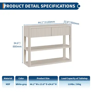Slim Modern Console Table with Fluted Design – 34.6" Tall, 3-Tier Storage Shelves, 2 Drawers – Narrow Sofa Side Table for Living Room, Entryway, Hallway – White Grey Wood Finish