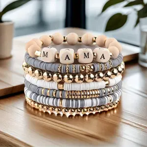 7Pcs Elegant MAMA Letter Beaded Stretch Bracelets Set Bohemian Women Colorful Polymer Clay Beads Multi-layer Bracelets Mother's Day Gift, Fashion Women Stackable Bracelet Jewelry Set