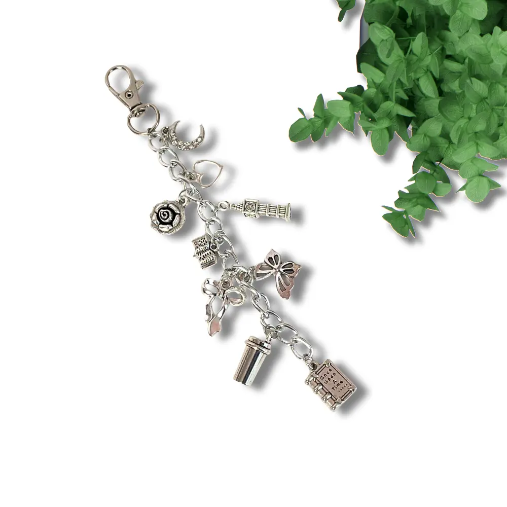 Mix and Mingle E-reader Chain Bookish Clip-On Accessory for Kindle, Tablet, E-Reader or Device, Silver Aesthetic, Coffee Cup, Big Ben, Books, Hearts, Butterflies, Flowers and Rhinestone Moon