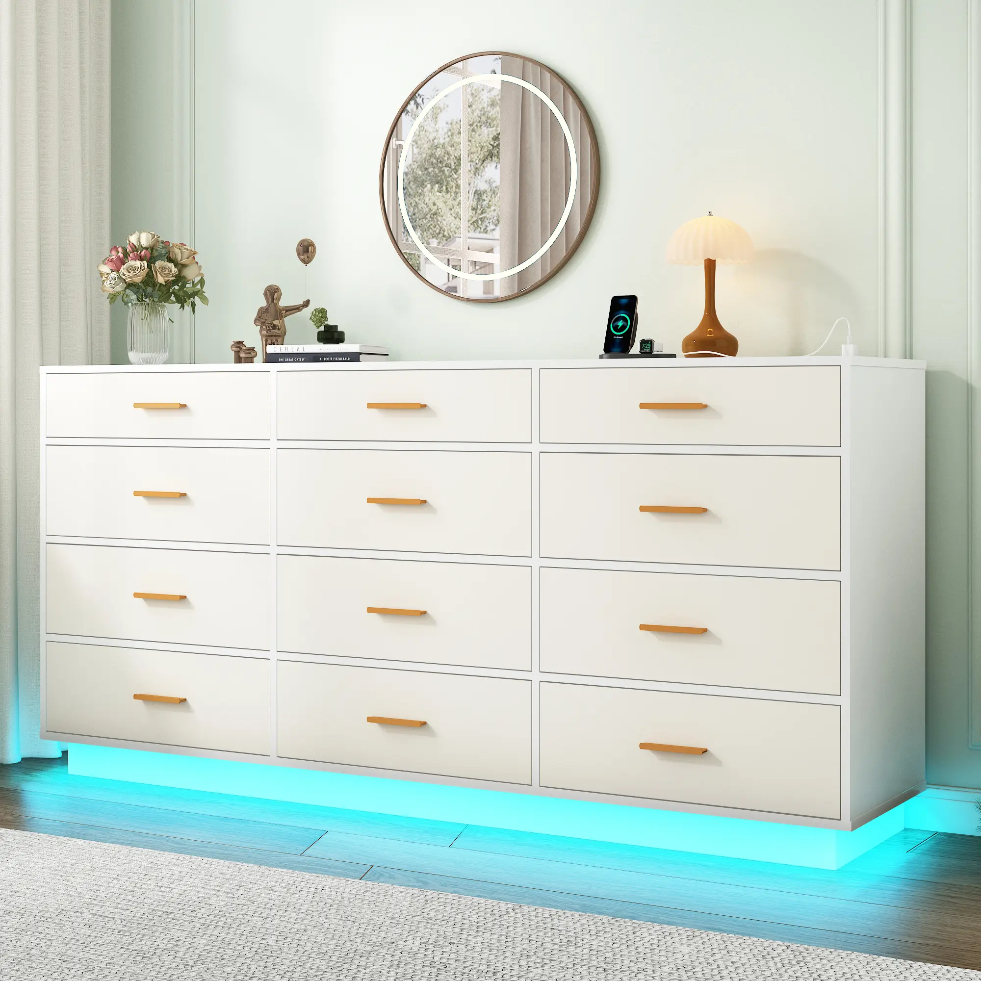 63" Modern  Dresser with 12 Drawers & Power Outlet, RGB LED Lights,  Metal Drawer Handles – Stylish Storage for Bedroom, Living Room