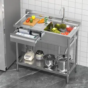 39" Stainless Steel Utility Sink with Left Drawer and Drainboard, Freestanding Laundry Sink with Hot & Cold Faucet, 304 matte finish, Single Bowl 17"x13" with Backsplash for Indoor/Outdoor