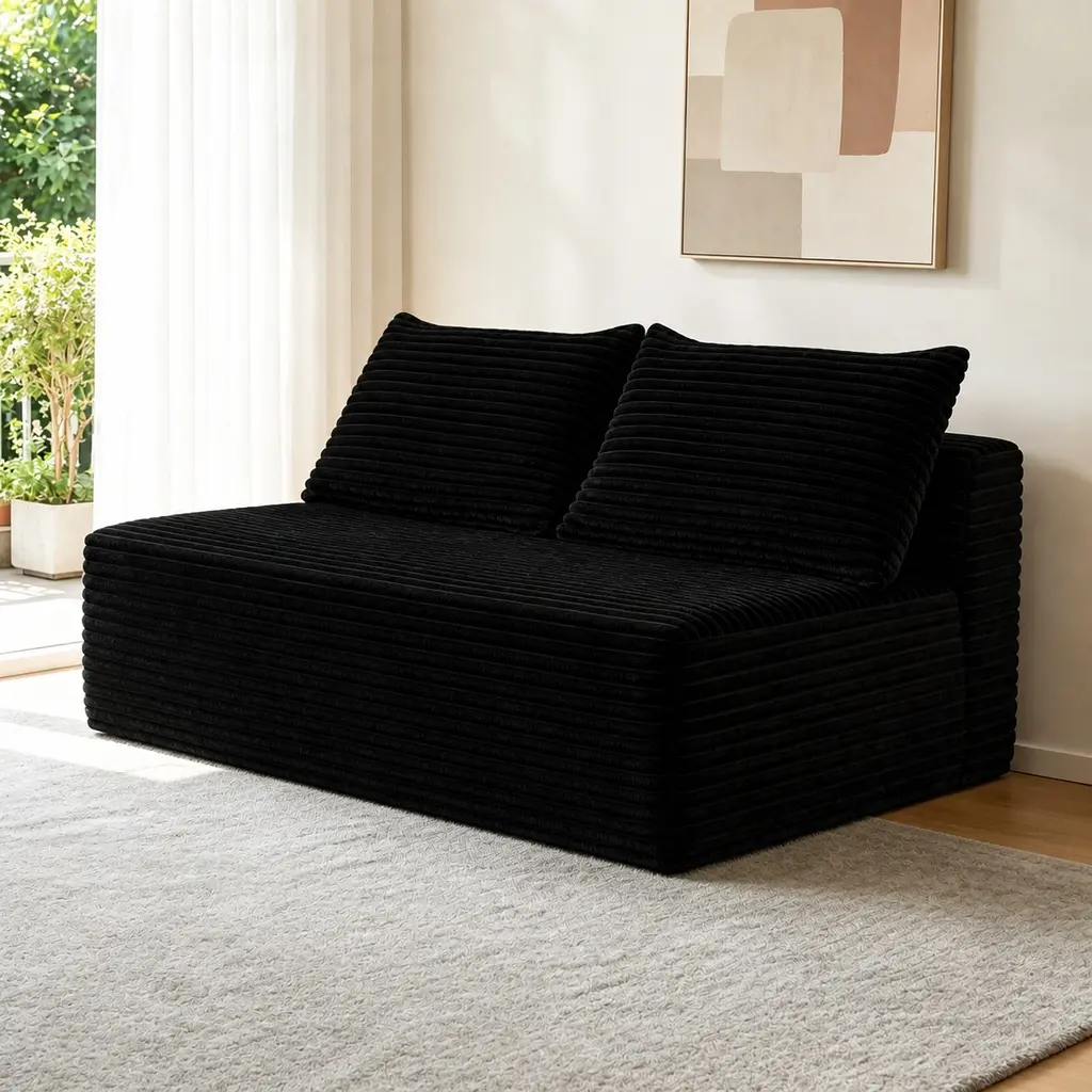 58 Inch 2 Seat Sofa Couch with Cup Holder, Plush Black Velvet Fabric, Spring Padding, No Assembly Needed, Modular Sectional for Living Room, Apartment, Bedroom, Single Box, Black Color Options, Fabric/Foam+Spring Material, 2 Seat Seat Count