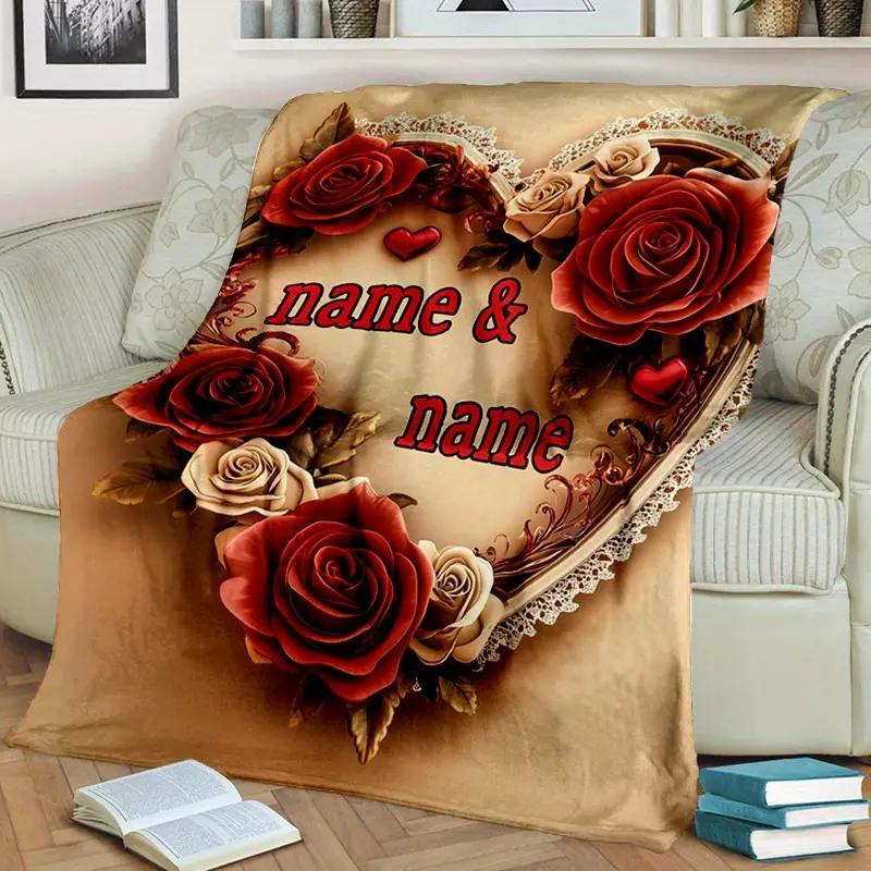 Customizable Love Heart Knitted Blanket - Red Polyester Flannel, Digital Print, 3D Rose Design, Personalized Names, Soft Durable Fade-Resistant Washable Fabric, Rustic Style All-Seasons Bedding Throw for Christmas, Thanksgiving, Birthday