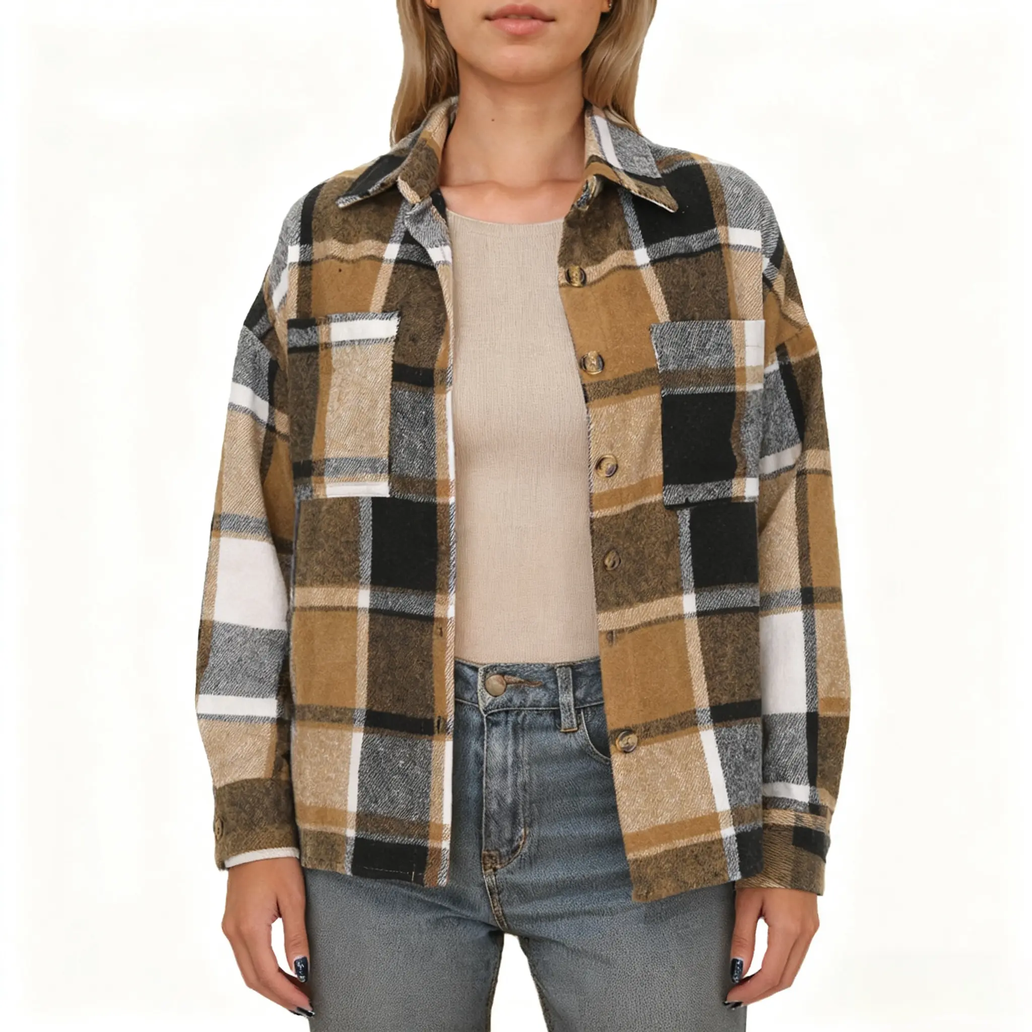 Women's Oversized Plaid Shacket Long Sleeve Button Down Flannel Jacket Coats with Side Pockets Lightweight Fashionable Plus Size Tops summerwins