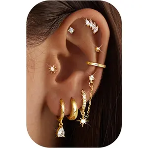 CASSIECA 8Pairs Gold Plated Hoop Stud Earring Stacks for Women Trendy Hypoallergenic Chain Cartilage Earrings Cute Silver Huggie Earrings Sets for Multiple Piercing Jewelry Lightweight