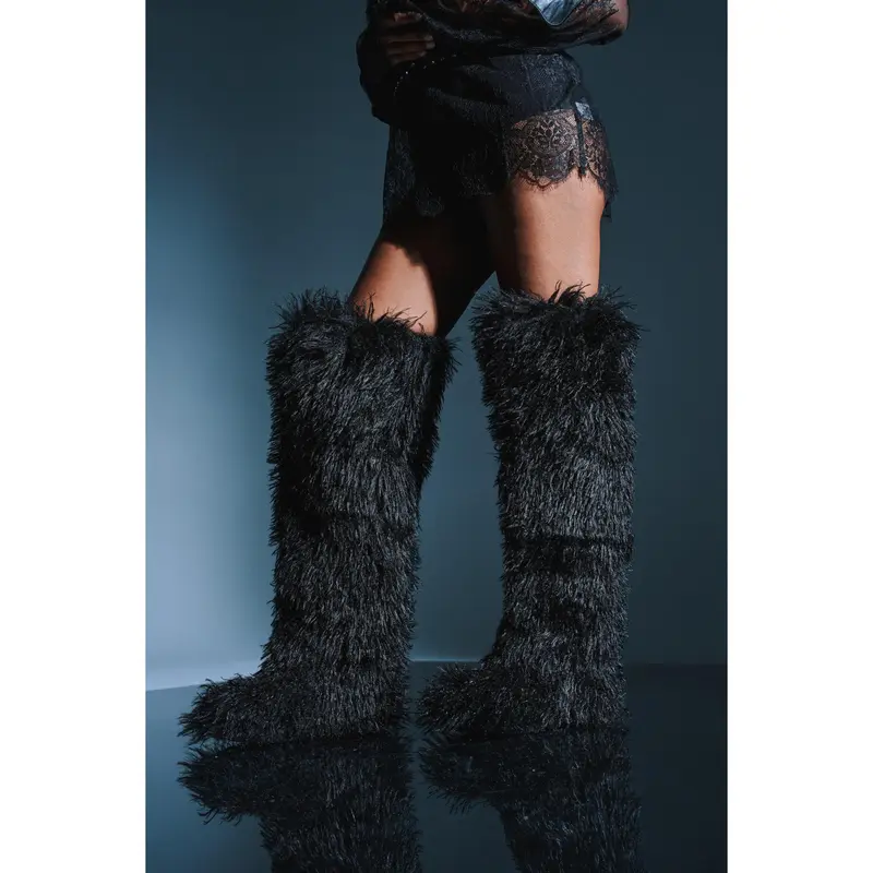 AZALEA WANG TEMPLETON BLACK POODLE FAUX FUR OVER THE KNEE BOOT