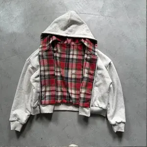 American retro fashion plaid hooded sweatshirt jacket — versatile new unisex fitted long-sleeve top in beige, classic menswear style for women and men
