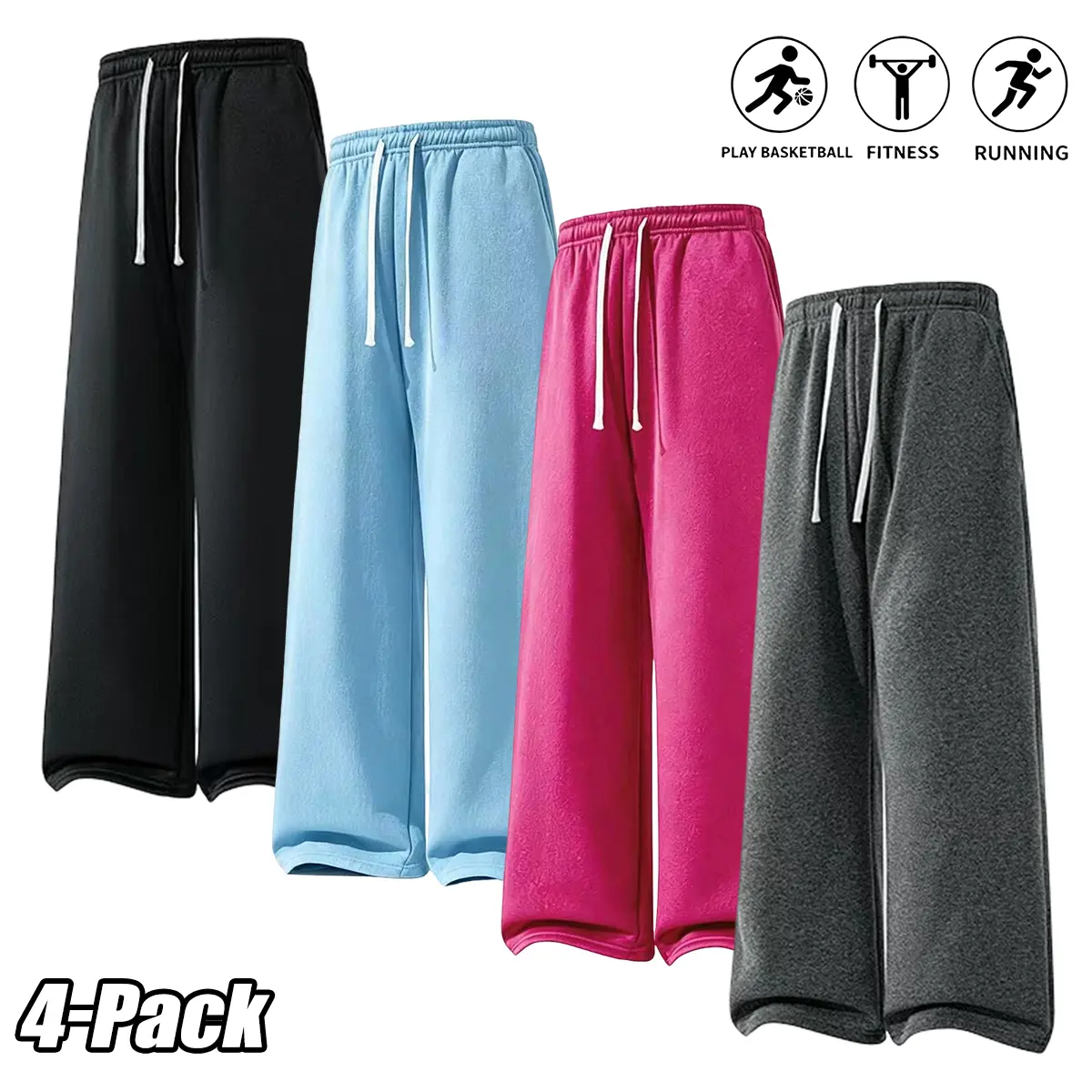 4-pack men’s athletic pants, soft wide-leg sweatpants | Breathable athletic long pants suitable for basketball, running, and fitness; menswear, men’s athletic pants, casual long pants