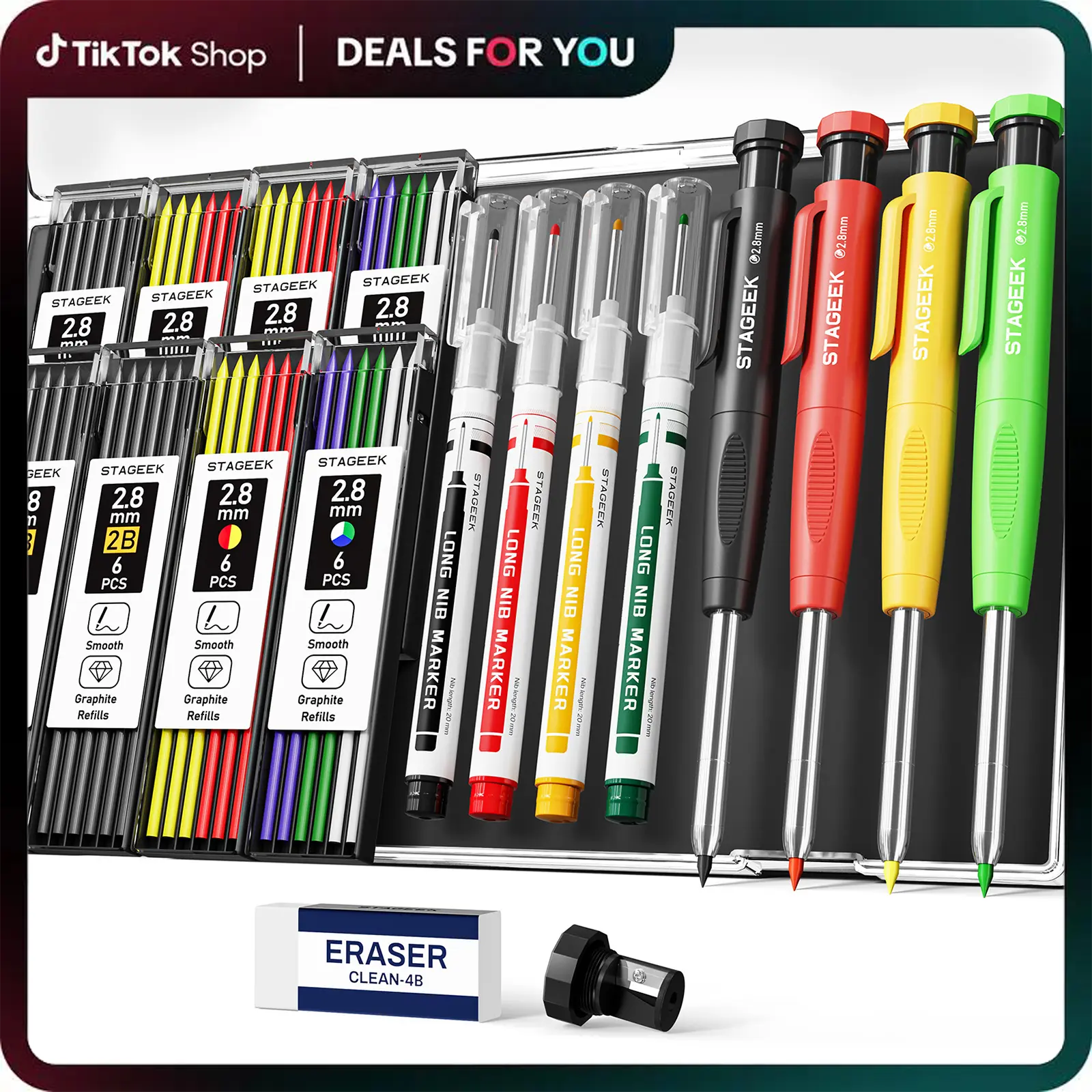 STAGEEK 4 Pack Carpenter Pencil with Sharpener, Mechanical Pencils Set with 52 Refills (Red, Black, Yellow,Green), Deep Hole Marker Construction Heavy Duty Woodworking Pencils - With Case,All-in-One DIY &Tools and Gadgets, Hand Tools