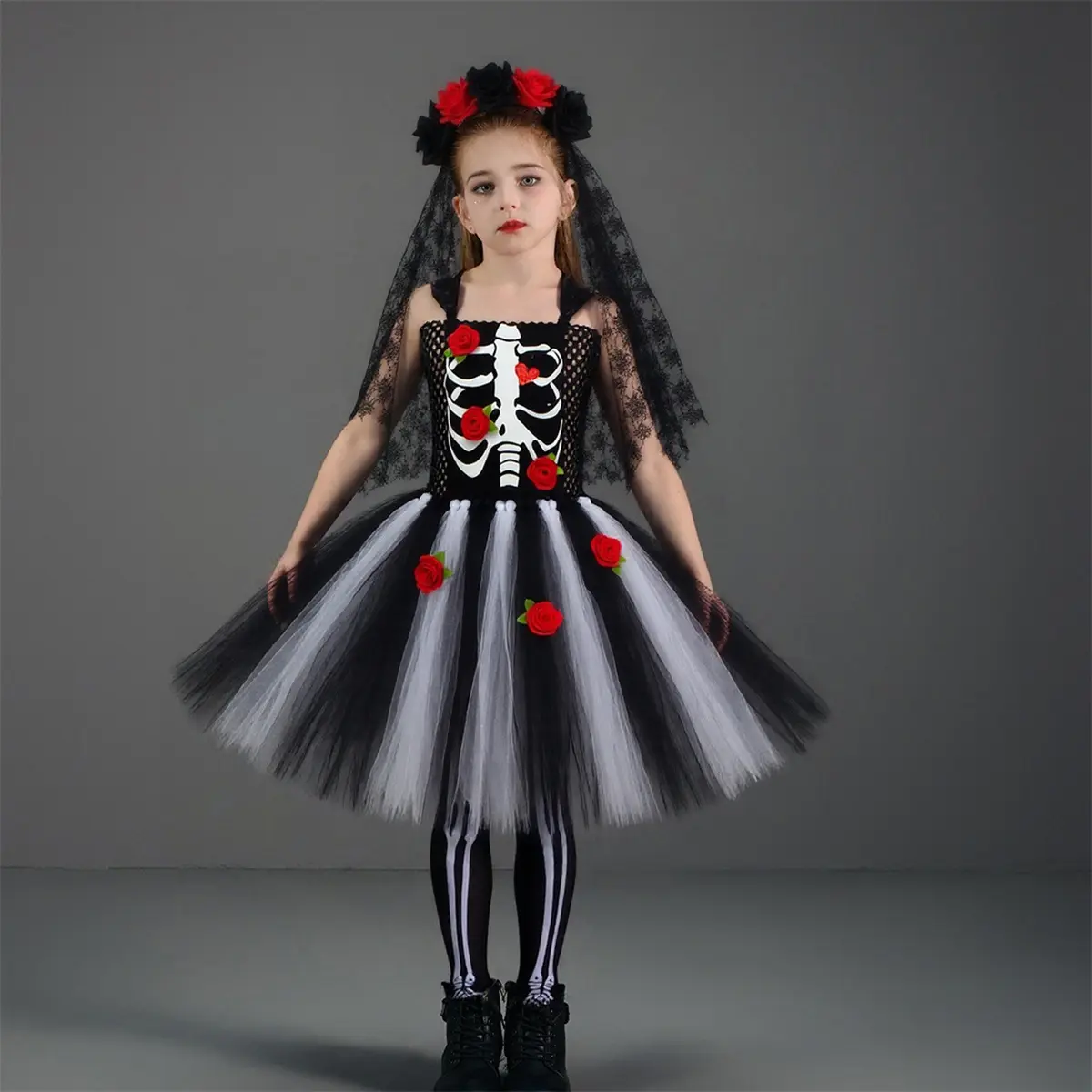 Kids' 2026 Halloween Zombie Bridal Costume 3-Piece Set - Spooky Skeleton 3D Rose Mesh Dress, Veil, Sockings, 65 Safe Prop Accessories (Sports & Outdoor Accessory)