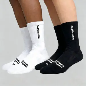 Unisex Crew Compression Sports Socks Thickened Sole Cushioning Ribbed Arch Support Shock Absorption Comfort for Basketball Running Hiking Black & White