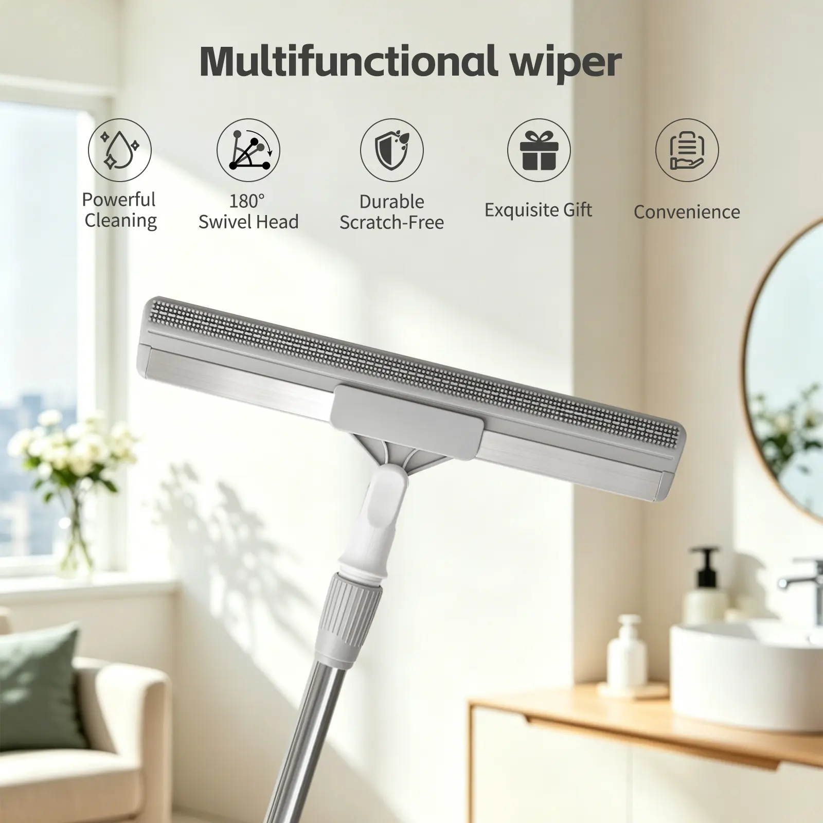 Floor Squeegee with 180° Rotating Head, Squeegee for Floor with 43'' Long Handle, Squeegee Broom, Squeegee for Window Cleaning, Bathroom Tile, Garage Concrete, Deck, Shower Glass