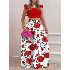 Women's Solid Ruched Ruffle Floral Print Skirt Two-piece Set, Elegant Boho Bohemian Crop Top & Shirred Maxi Skirt for Beach Holiday Vacation, Ladies Summer Clothes
