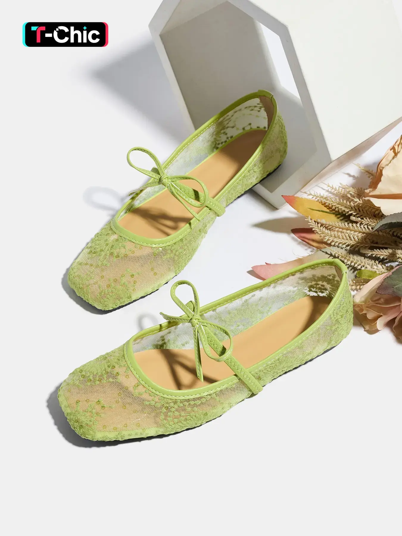Women's Flat Ballet Shoes, Summer Flat, Butterfly Knot Floral Embroidery, Breathable Mesh Square Toe Rhinestone Mary Jane Slip On Flats