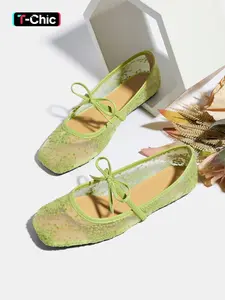 Women's Flat Ballet Shoes, Butterfly Knot Floral Embroidery, Breathable Mesh Square Toe Rhinestone Mary Jane Slip On Flats