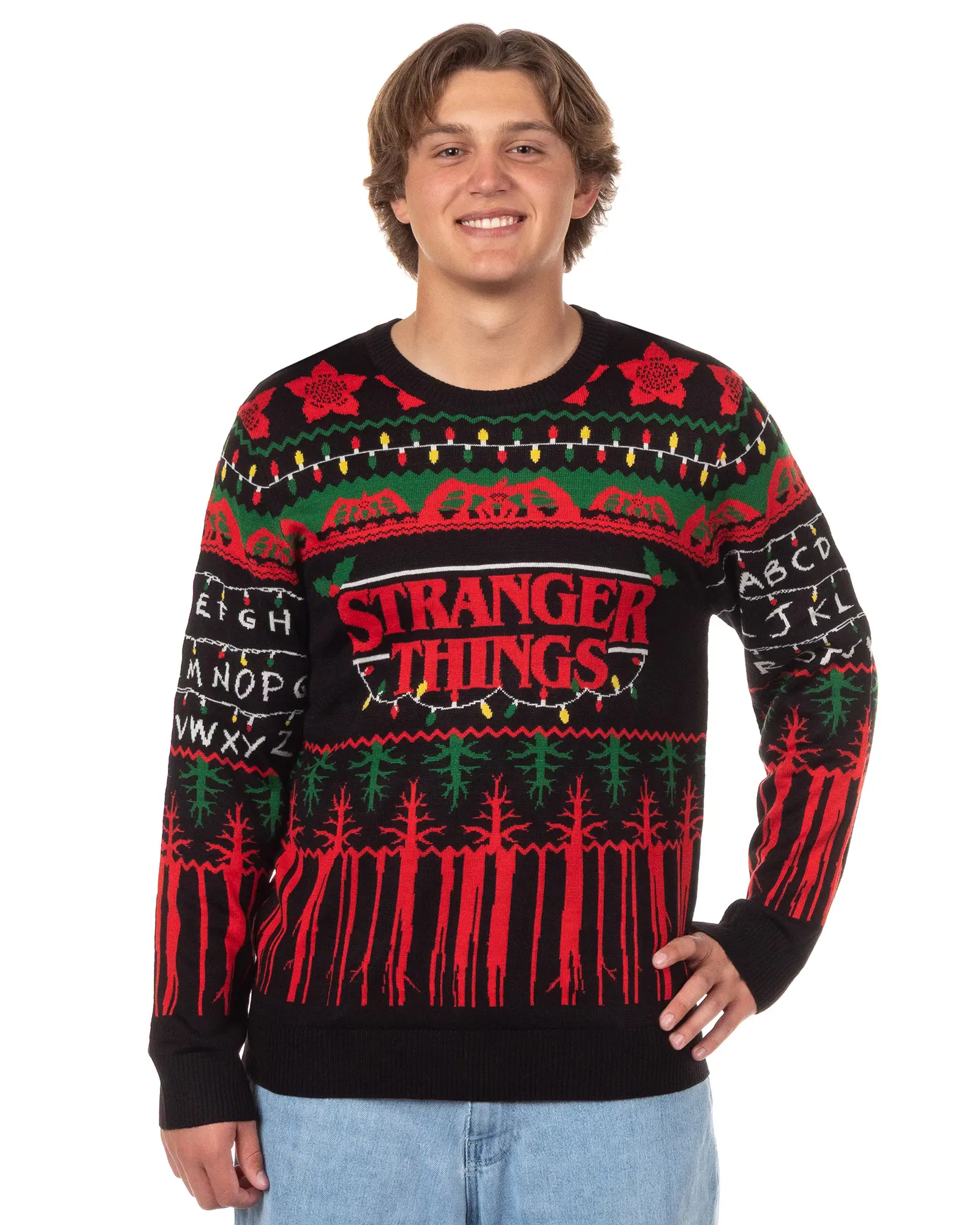 Men's Stranger Things Ugly Christmas Acrylic Sweater - Longsleeves, Round Neck, Ribbed Knit Pullover, Upside Down Holiday Lights, Colorful, Soft, Textured Hem, Simple, Stylish, Menswear Tops for Layering