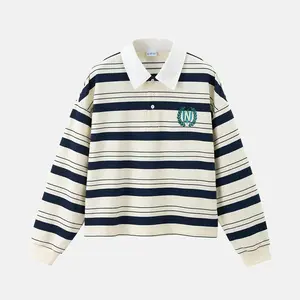 Inflation Cropped Boxy Long Sleeve Polo T-Shirt with Collar Vintage Campus New Streetwear Fashion High-End Casual Top in Navy and Cream Stripes Striped