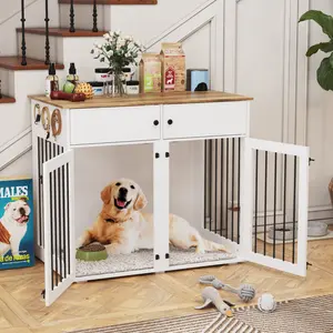 Large Dog Crate Furniture, 41 Inch Dog Kennel Indoor with Removable Divider & Double Doors, Wooden Dog Crates for 2 Dogs, Dog Crate Table for Large/Medium Dogs, White