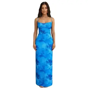 [LTO]Women'S Rose Print Ruched Lace Up Backless Cami Dress, Elegant Sleeveless Spaghetti Strap Bodycon Long Dress For Summer, Fashion Women'S Dress For Beach Holiday, Sun Dresses, Dresses For Women, Summer Dresses, Womenswear, Elegant Dress Women