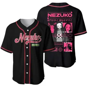 Neko Jerseys Club Nezuko Demon Slayer Baseball Jersey Anime Lover Gifts for Fans Durability Moisture-Wicking Polyester Material All-Over Print V-Neckline Short Sleeves Button-Up Front Closure