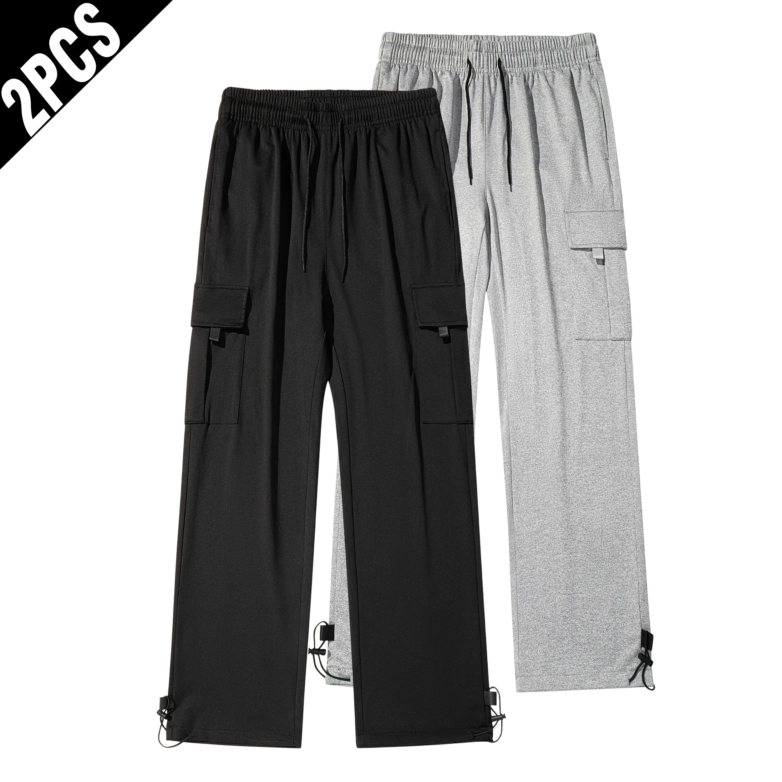 2 Pack Men Knit Cargo Sweatpants, Adjustable Drawstring Hem Wide Leg Pants, Elastic Waist Multi Pocket Streetwear Jogger Trousers Menswear Beige