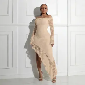 Women'sFormalBeigeLaceDressOff-Shoulder,LongSleeves,AsymmetricRuffledHemWeddingGuestDresses
