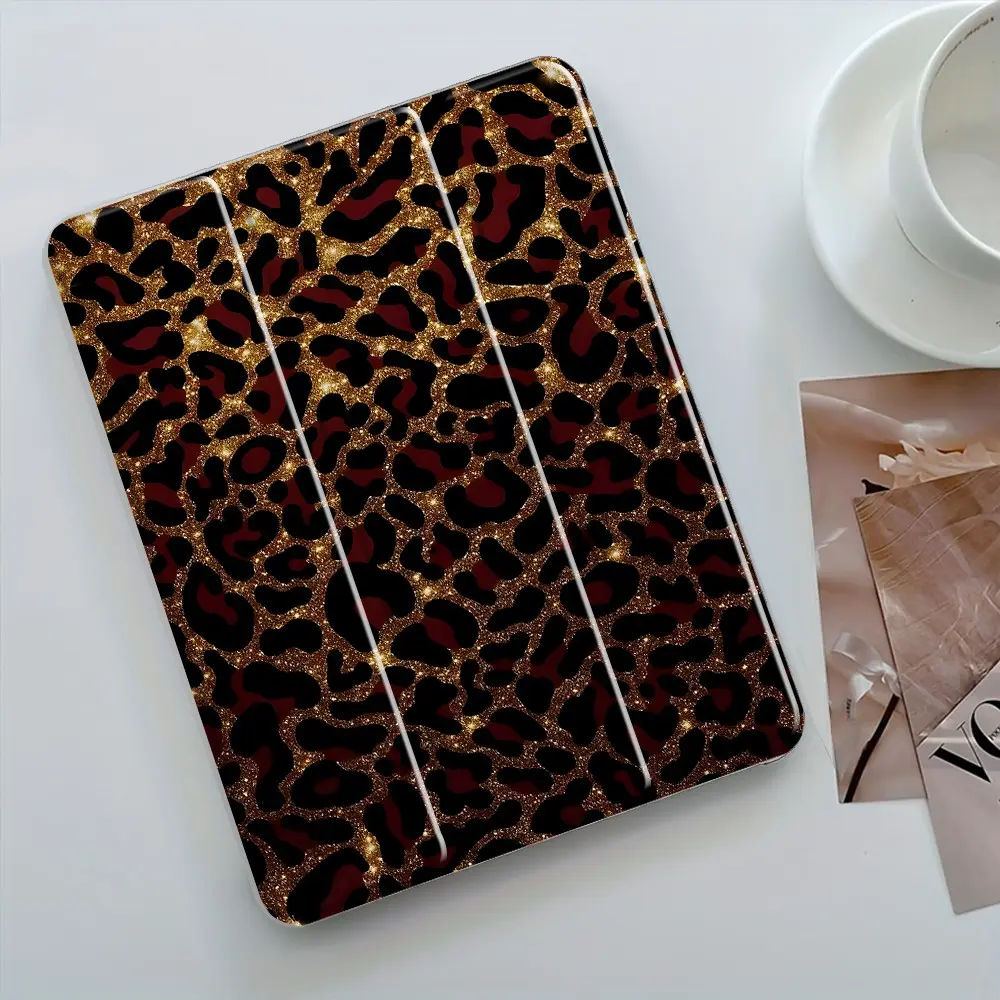 Red & Gold Glitter Leopard Print Protective Tablet Case, Tablet Casing, Accessories, 3-Tier Stand Transparent Acrylic Hard Back with Pencil Slot, Auto Wake/Sleep Shockproof Full Cover, Fits 7.9/8.3/10.2/11 Inch Tablets