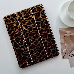 Red & Gold Glitter Leopard Print Protective Tablet Case, Accessories, 3-Tier Stand Transparent Acrylic Hard Back with Pencil Slot, Auto Wake/Sleep Shockproof Full Cover, Fits 7.9/8.3/10.2/10.5/10.9/11 Inch Tablets, Ideal for Luxury & Glam Enthusiasts