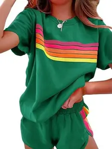 2 Piece Lounge Sets for Women Summer Rainbow Striped Tops Casual Shorts Color Blocked Suit Sweatshirts Set