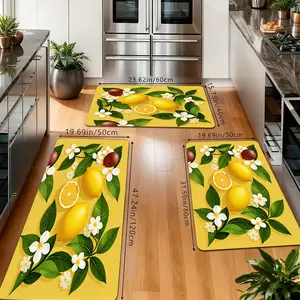 Summer Lemon Floral Kitchen Rugs Set, Non-Slip Washable Floor Mats, Yellow Background Lemon & Flower Print Runner Carpets for Kitchen, Bathroom & Farmhouse Decor
