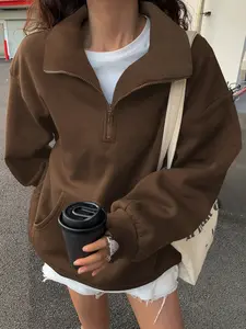 Women's Polo Neck Sweatshirt, Half-Zip Design, Winter Fleece Pullover, Plus Size New Arrival, European Style