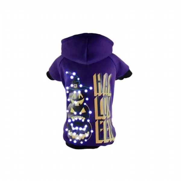 Large Purple Pet Halloween Hooded Sweater - 212 MAIN LED Battery Operated Lighting, Flash Happy Snowman Design, Polyester Cotton Fabric, Belly Fabric Hook-and-Eye Enclosures, Leash Slit Holder, Stands Out at Night