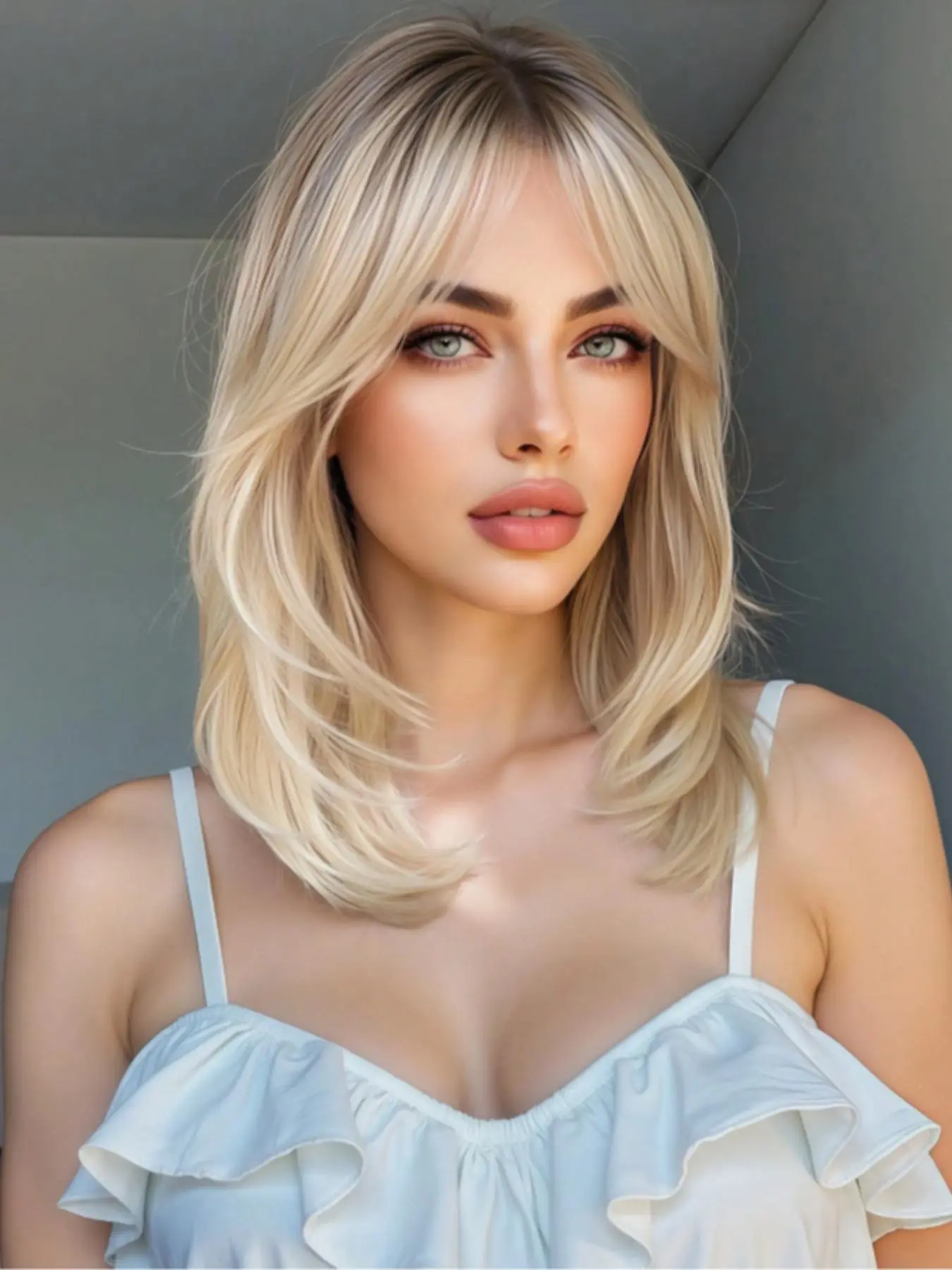 20 Inch Platinum Color Ombre Medium Length Wigs with Side Bangs, Synthetic Hair Wig, Heat Resistant Straight Hair for Women, Hairstyle Wigs, Perfect for Daily and Special Occasions