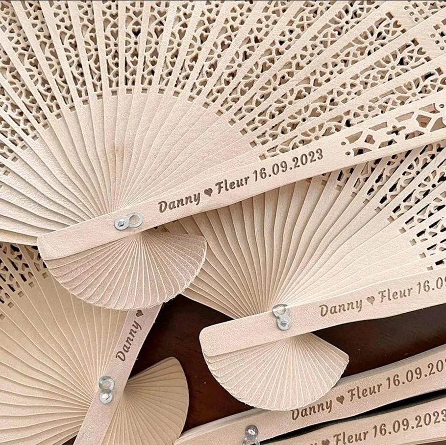 8" Length Custom Laser-Cut Wooden Hand Fans - 1" Wide Closed, Personalized Design for Wedding Guest Favor, Anniversary Gifts, Home Decor & Festive Party Supplies, None