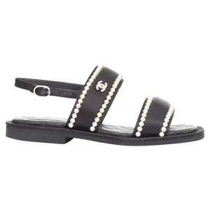 Pre-owned Chanel Women's Chanel black satin pearl sandals by Rebag