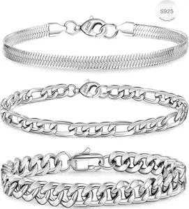 3 PCS Chain Bracelet for Men Women, Stainless Steel Silver Cuban Herringbone Figaro Link Chain Wrist Bracelets Set Jewelry Gifts