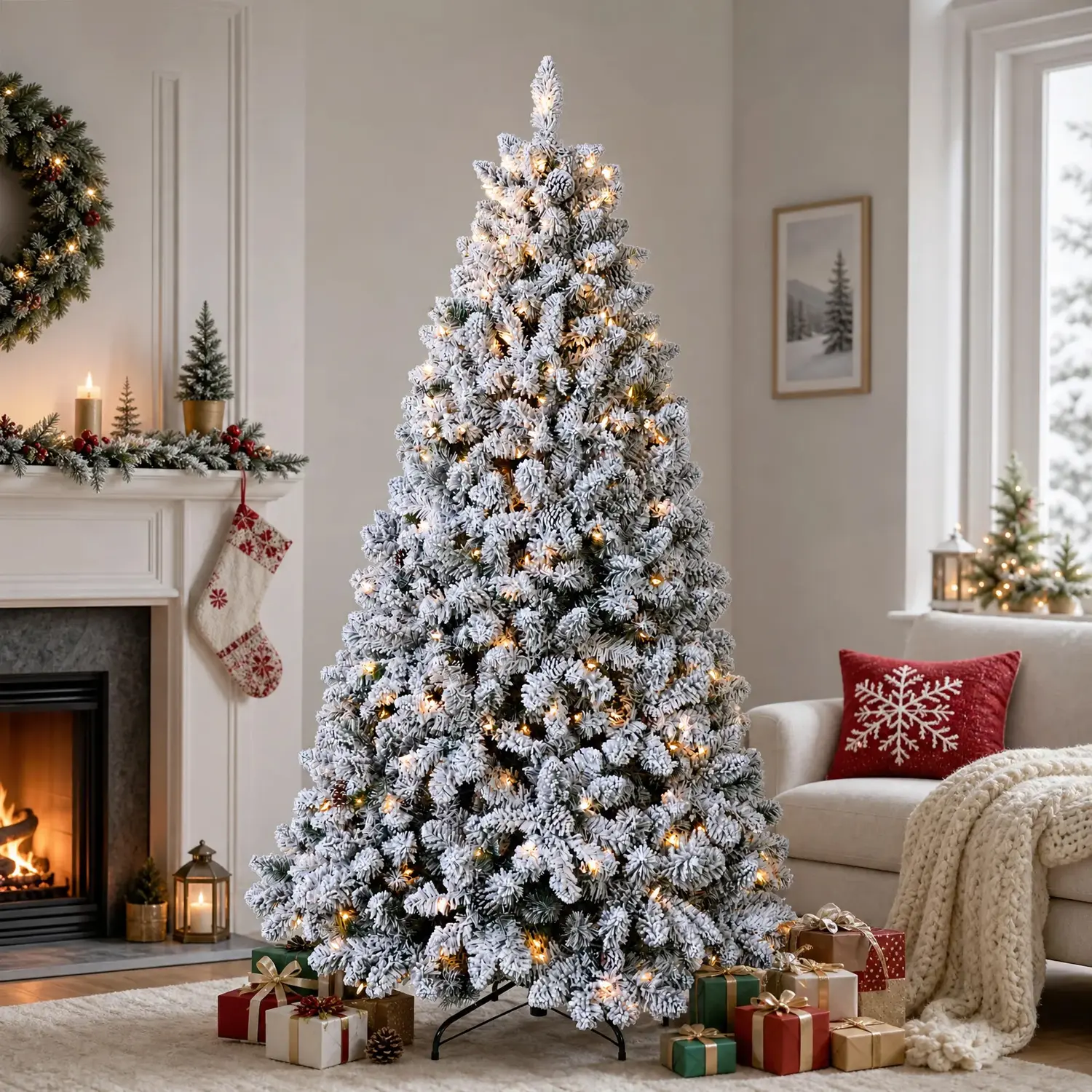 Flocked Artificial Christmas Tree (4-7 FT) - Pre-Lit or Unlit, with Pinecones, Natural PVC Branches, Hinged Design, Indoor Holiday Decor for Home Office