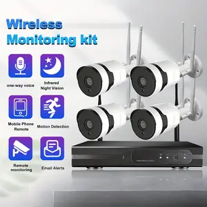 WiFi Video Surveillance Set, 4-Channel Nvr & 4 Wireless Outdoor Cameras, Outdoor Security Cameras, Motion Detection Alarm, Audio, IR Night Vision, 24/7 Recording, Monitoring