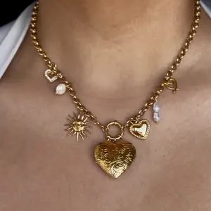 Velour Heart Locket - Gold Tone Chain with Heart Charm and Sun Pendant for Women's Jewelry