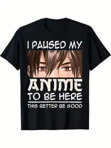 Men's Japanese Anime T-Shirt - "I Paused My Anime to Come Here" Slogan & Anime Face Graphic, 220g Heavyweight Pure Cotton, Soft Breathable Moisture-Wicking Shirt for Casual Wear,, Manga Fans - Black with White Print