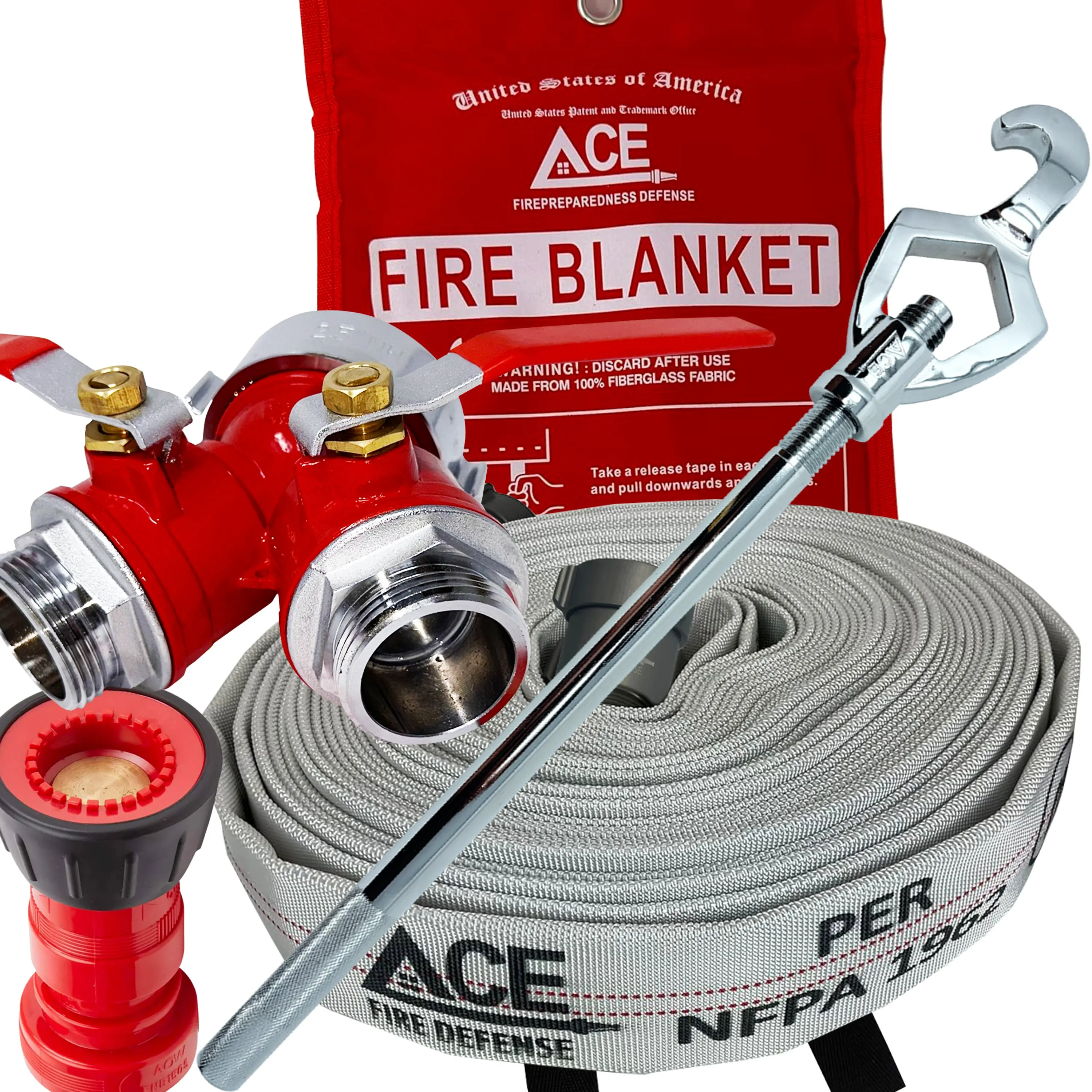 Ace Fire Defense Starter Bundle®, 75' Premium Fire Hose, 1 valve, wrench, 1 nozzle.