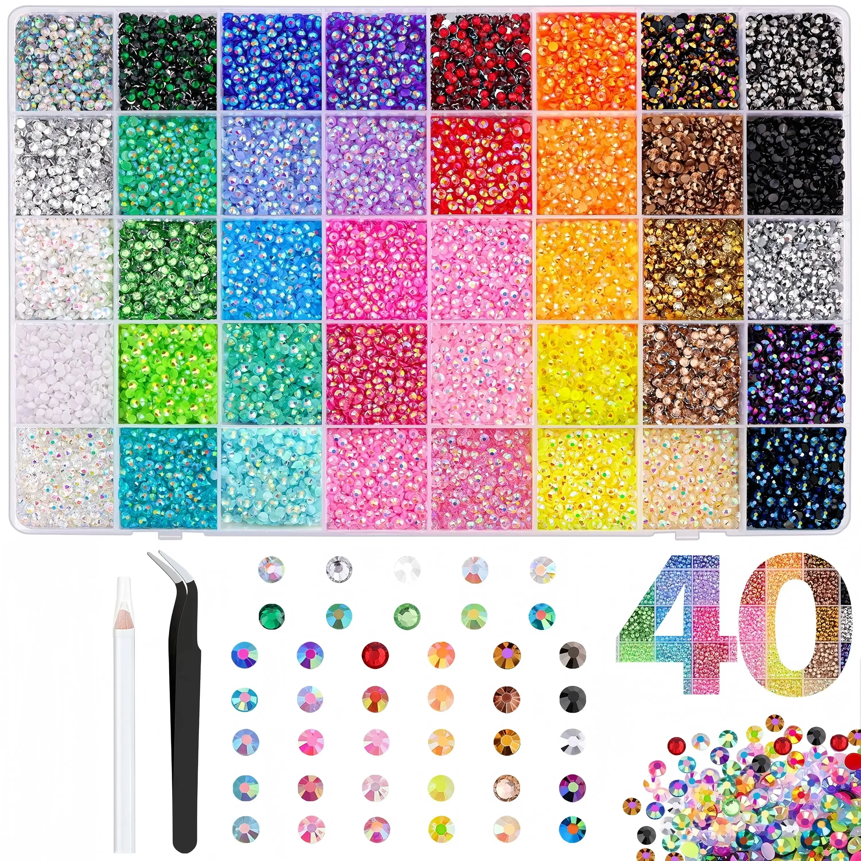 40-Color AB Resin Rhinestones Bulk Pack - 40,000 Plastic Mixed-Size Flat-Back Non-Hotfix Rhinestones with Captivating Sparkle, 40 Rich Choices for Nail Techs, DIY Crafts, Resin Beads Decorations
