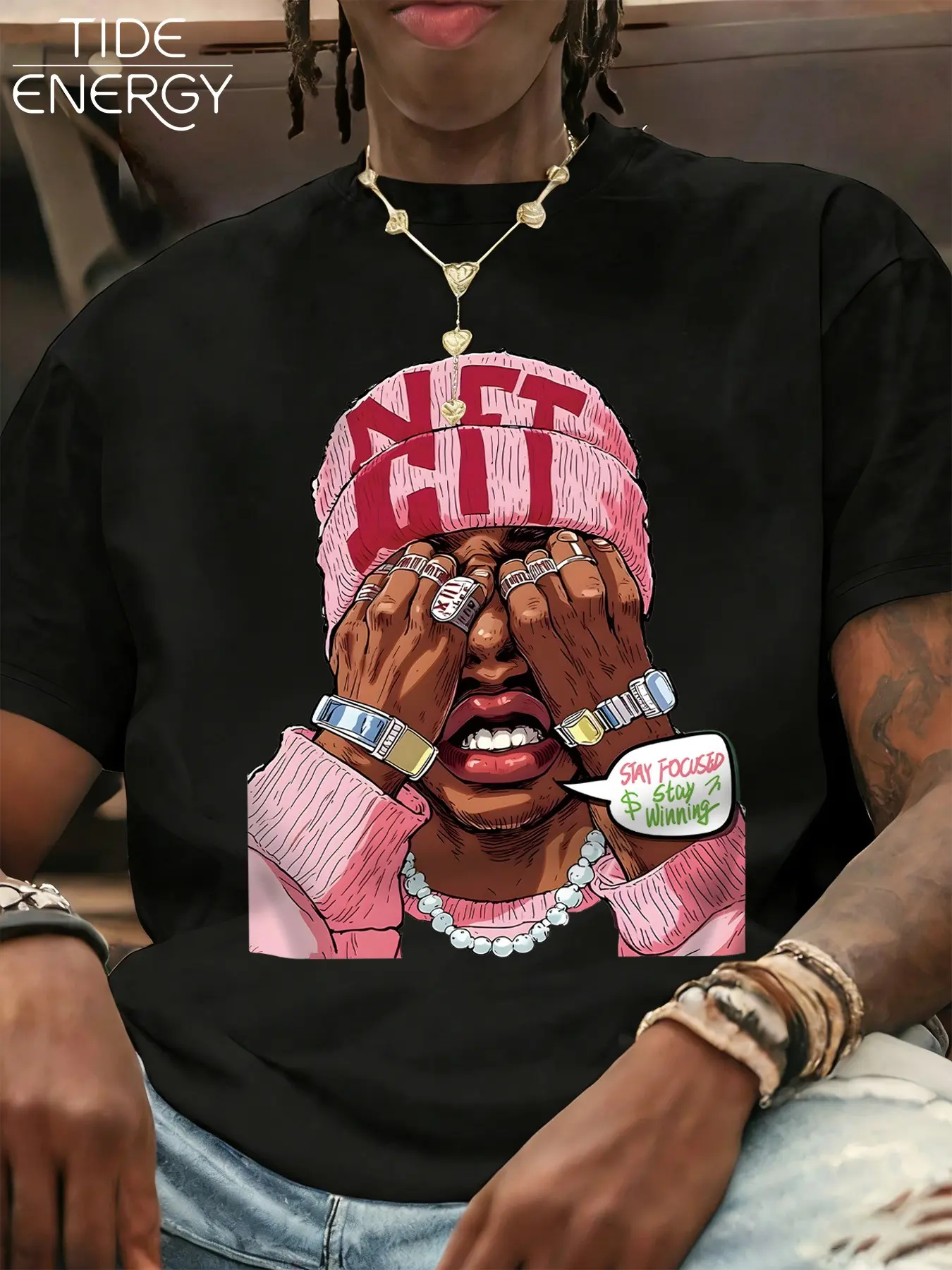 Trendy Fitted T-Shirt with Hood, Eye-Catching Graphic Cartoon Rapper Design, Breathable Casual Streetwear Top for Campus, Gym & Weekends