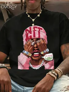 Trendy Fitted T-Shirt with Hood, Eye-Catching Graphic Cartoon Rapper Design, Breathable Casual Top for Campus, Gym & Weekends