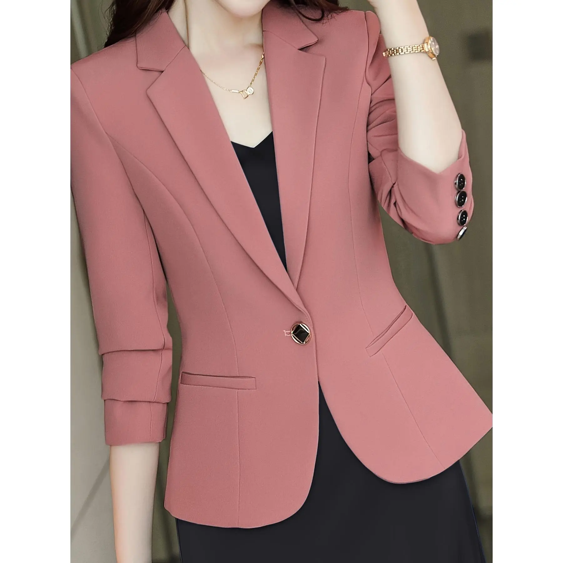 Women's Solid Slim-Fitting Polyester Blazer - Long Sleeves, Button-Front, Basic Chic Piece for Spring Office & Casual Work (Sports & Outdoor Clothing Set Inclusion)